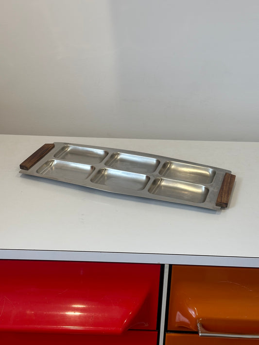 Vintage Stainless and Wood Serving Tray