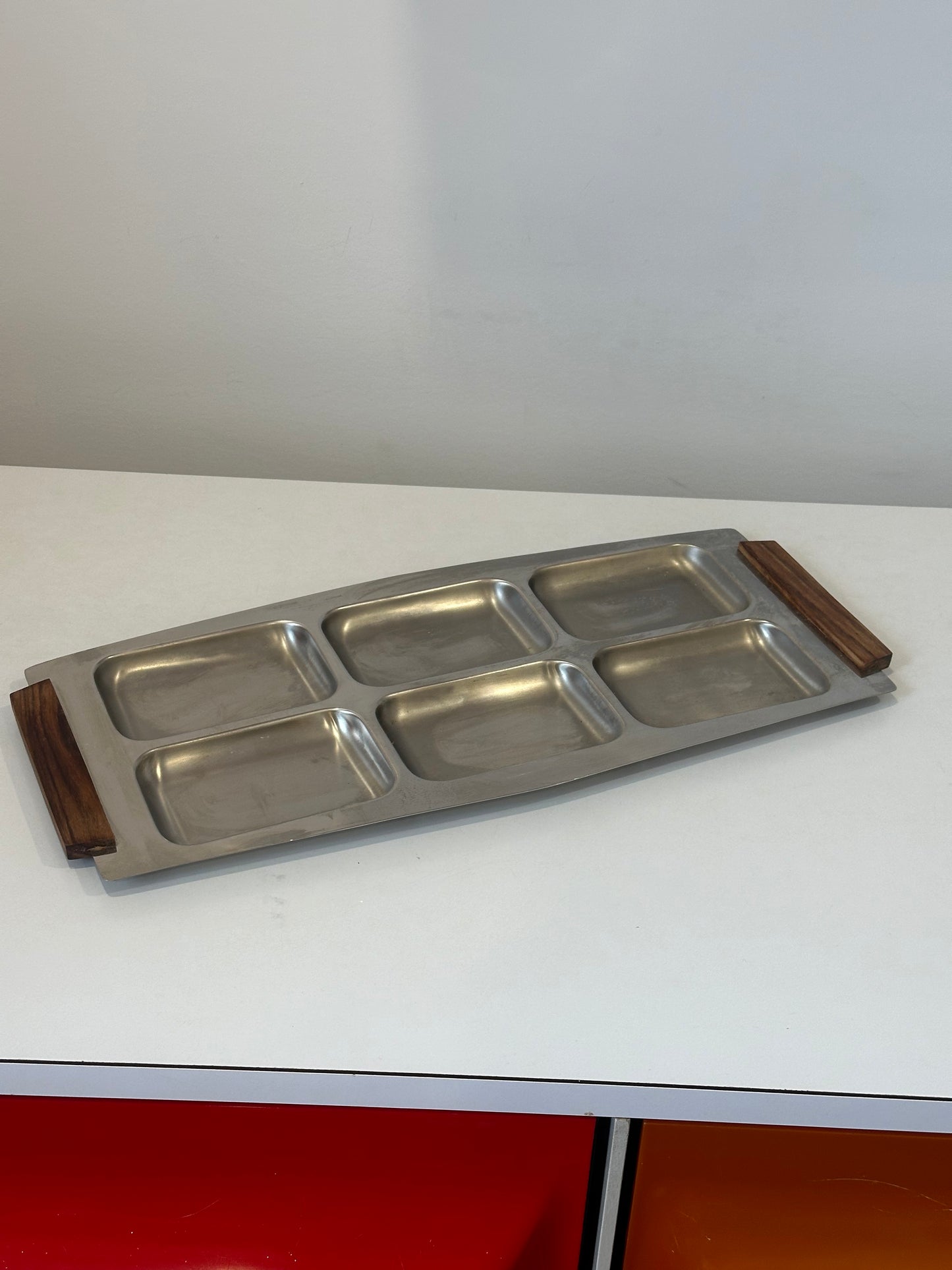 Vintage Stainless and Wood Serving Tray